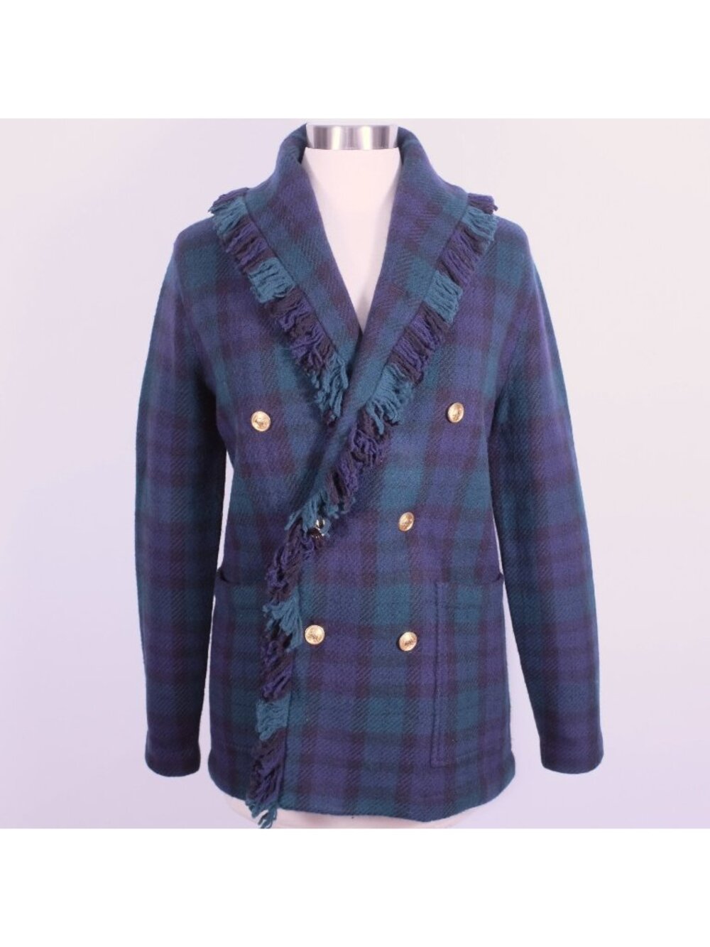 POLO Lauren Collection knit jacket blazer sz XXS 100% wool tartan plaid fringe
